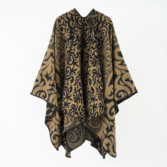 Damen Ornamentaler Jacquard-Capeponcho mit offenem Fall und kastiger Silhouette Shop Nory