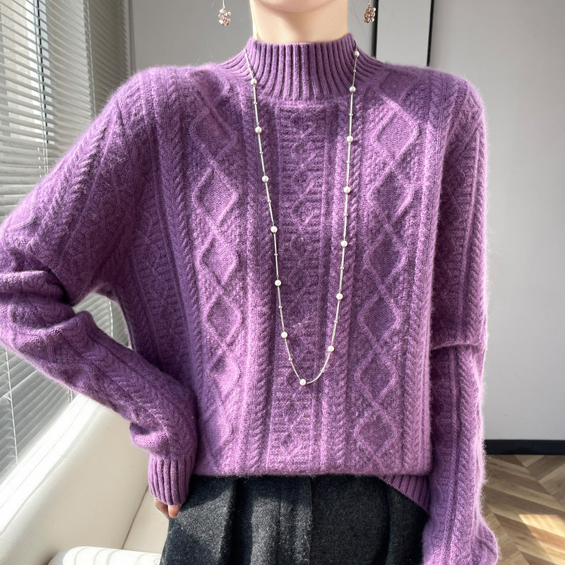 Damen Kuscheliger Mohair‑Optik Mockneckpullover mit Rautenzopfstruktur und kastiger Silhouette Shop Nory