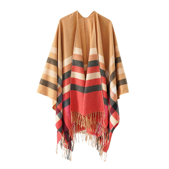 Damen Grobgewebte Cape‑Ruana im Oversize mit verlaufendem Karomuster und Fransensaum Shop Nory