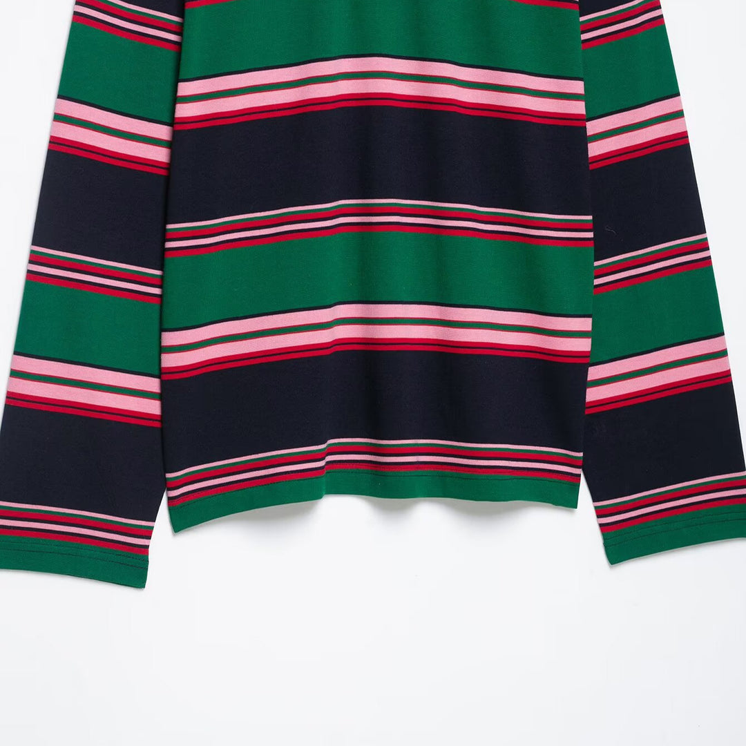 Damen Oversize Rugby-Poloshirt mit weißem Kentkragen und breiten Querstreifen Shop Nory