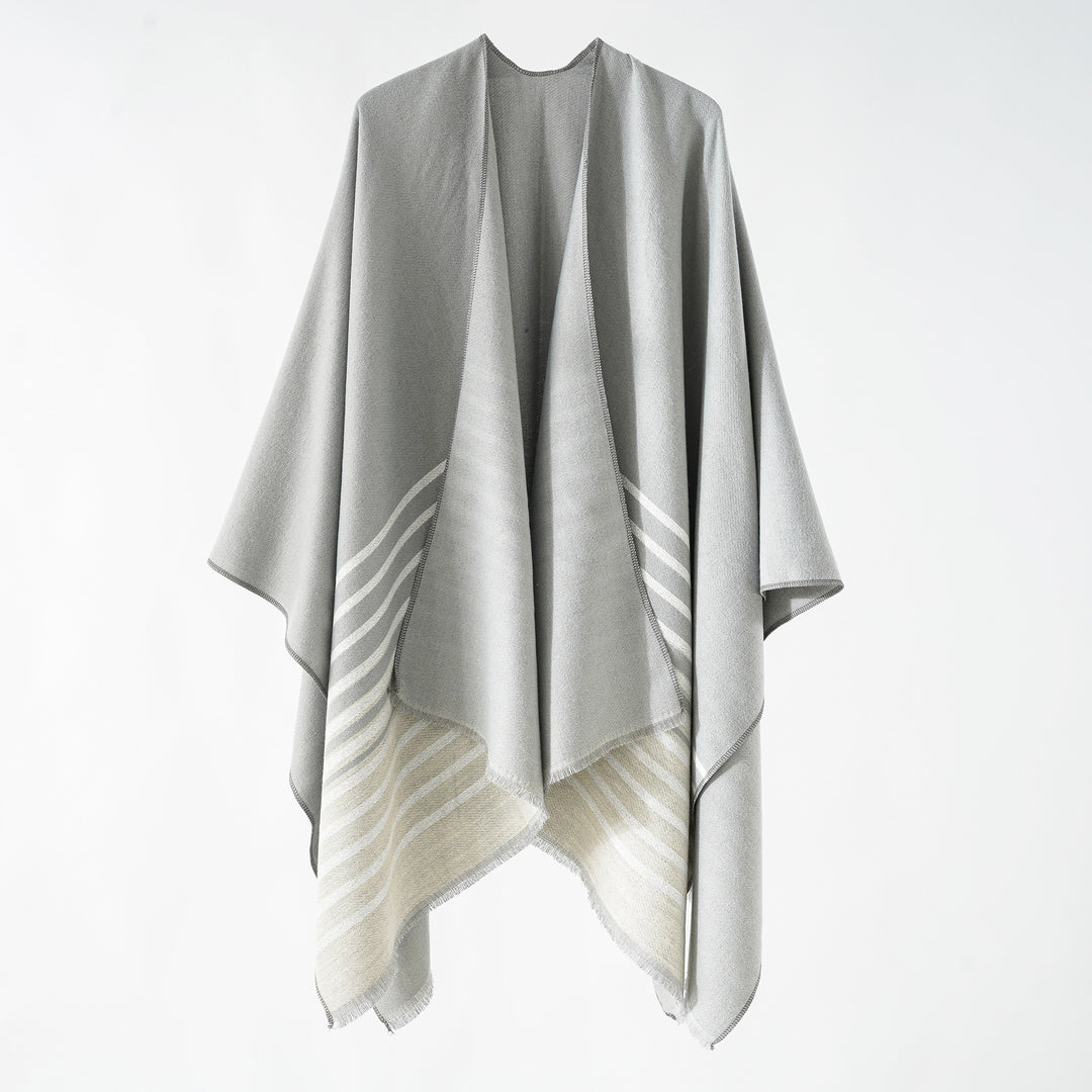 Damen Oversize-Ruana‑Überwurf aus Kaschmir‑Touch Wollmix mit Fransensaum und Streifendetail Shop Nory