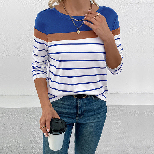 Damen Gestreiftes Langarmshirt mit Colorblock-Detail und Rundhalsausschnitt Shop Nory