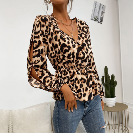 Damen Satin-Bluse mit Wickelkragen, Gummizug-Taille und Balloonärmeln Shop Nory