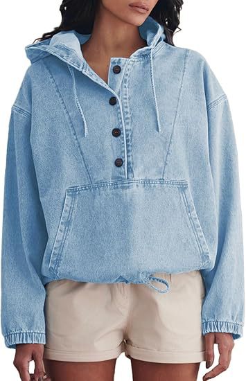 Damen Jeans-Halbanorak mit Kapuze, Kängurutasche und Tunnelzug Shop Nory