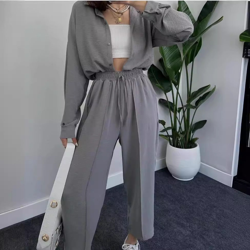 Damen Lässiges zweiteiliges Lounge-Set aus Crêpe mit Oversize-Hemd und hohem Elastikbund Shop Nory