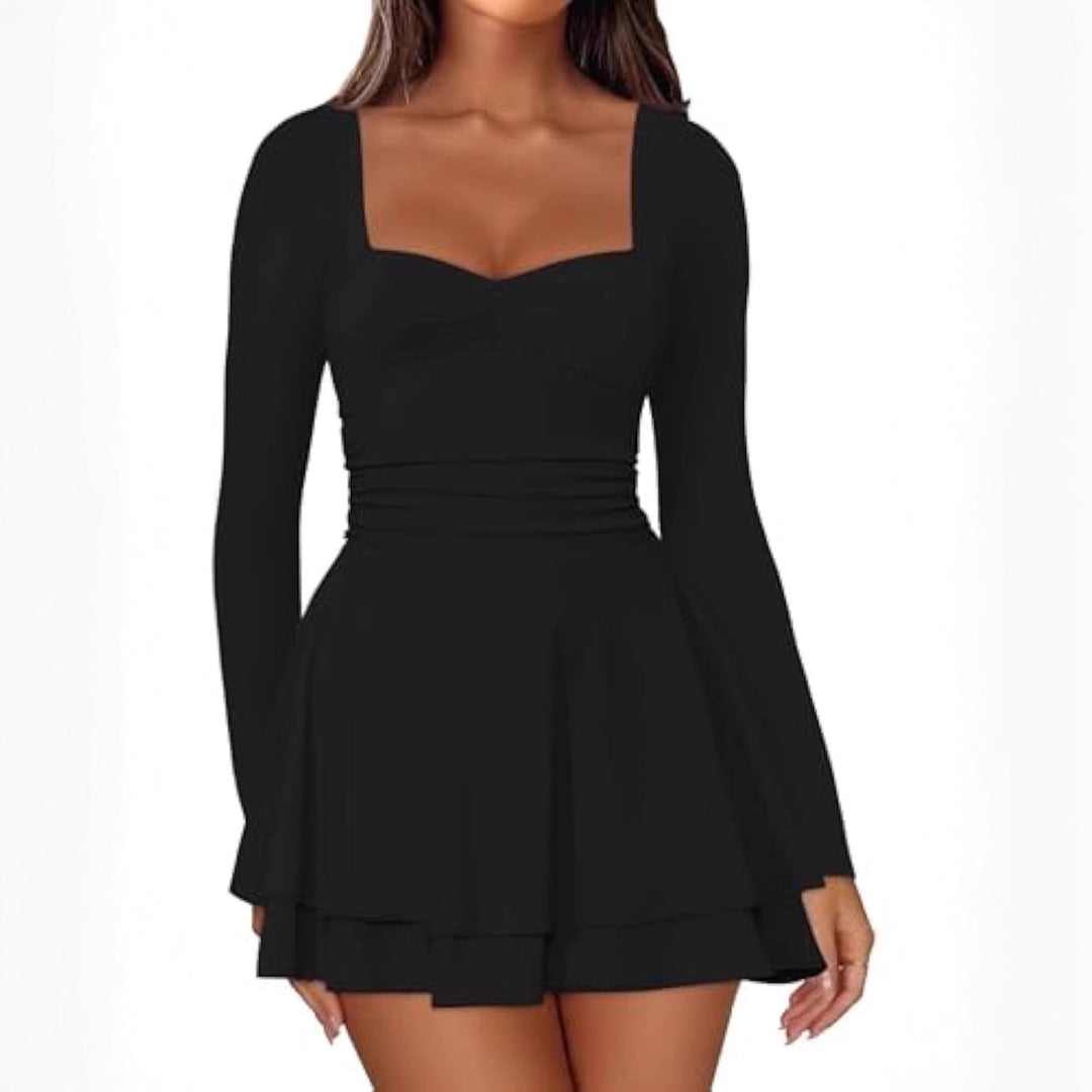 Damen Langarm-Minikleid mit quadratischem Ausschnitt, taillierter Raffung und zweilagigem Volantrock Shop Nory