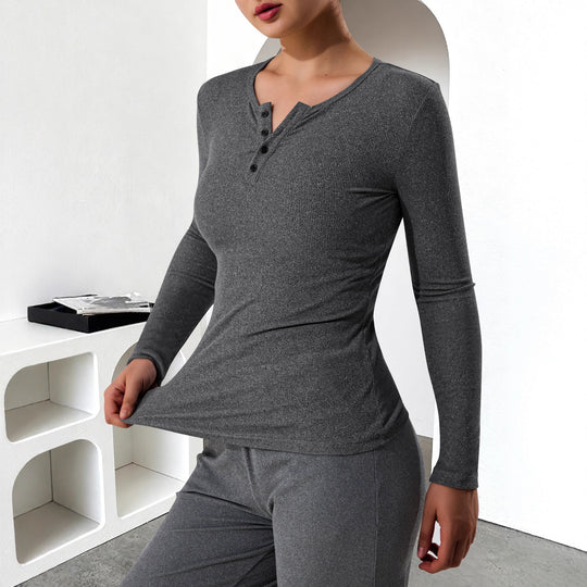 Damen Geripptes Henley-Langarmshirt mit Knopfleiste und figurnahem Schnitt Shopy Nory