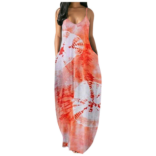 Damen Bohemian Batik-Maxikleid mit Taschen Shopnory