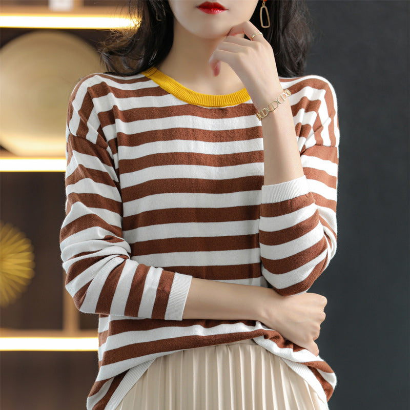 Damen Maritim-inspiriertes gestreiftes Feinstrick-Shirt mit weitem Boot-Ausschnitt und Kontrastkante Shop Nory