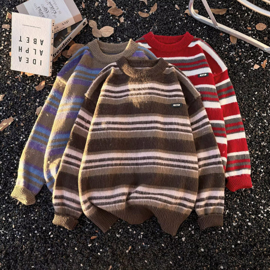 Unisex Gestreifter Oversize-Mohair‑Optik Pullover mit Rundhals und weicher Struktur Shop Nory