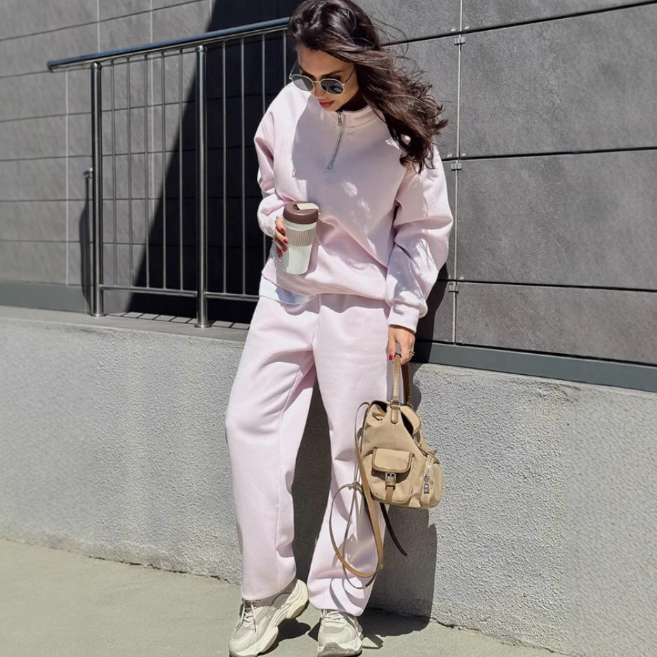 Damen Sweatset mit Halbreißverschluss, oversized Pullover und hochtaillierter weit geschnittener Jogginghose Shop Nory