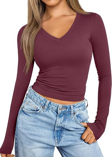 Damen Figurnahes Langarm-Cropped-Shirt mit V-Ausschnitt und elastischem Taillenbund Shop Nory