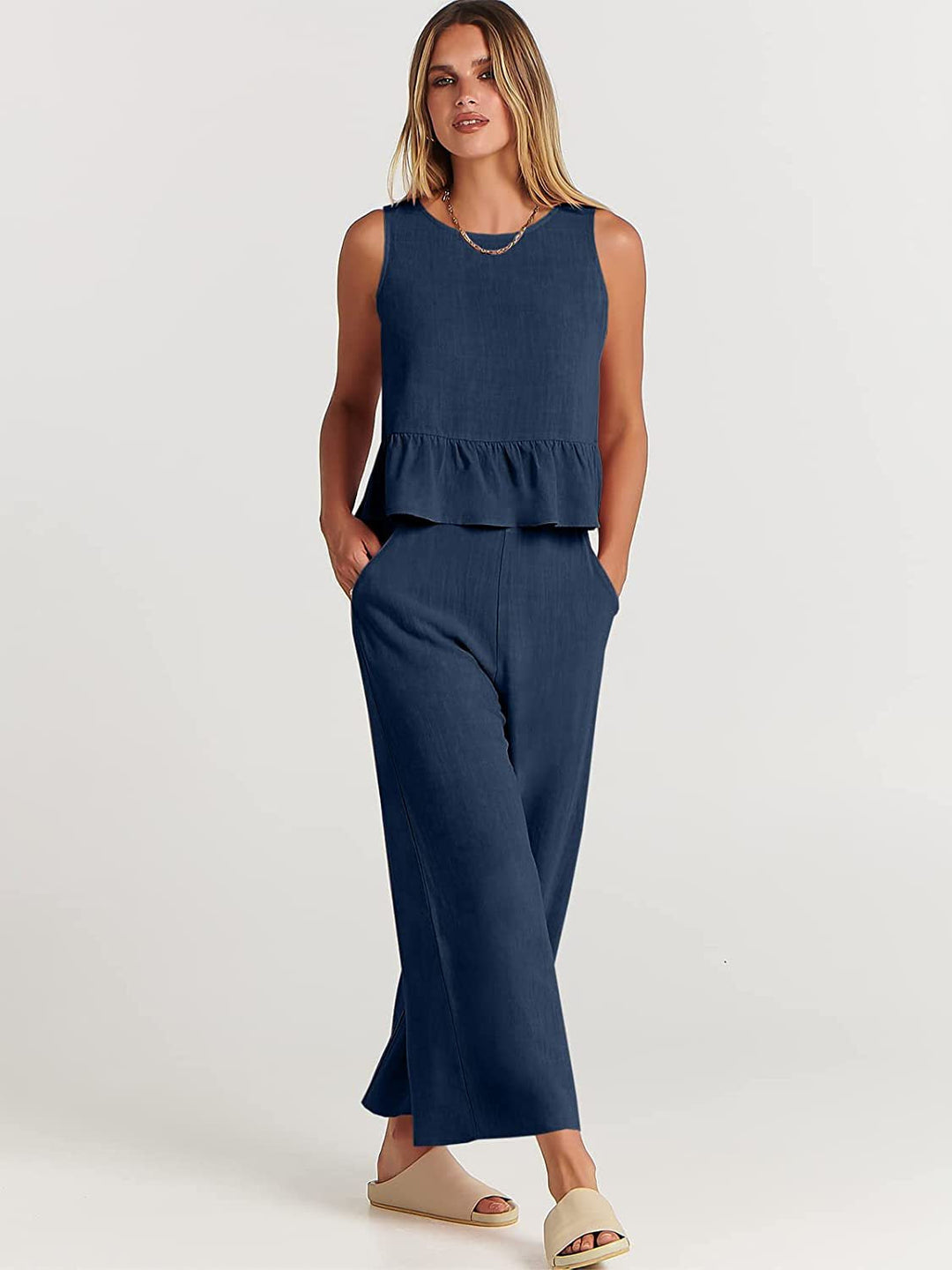 Damen Zweiteiler-Set mit schickem Peplum-Oberteil und weit geschnittenen Hosen