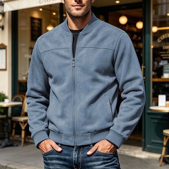 Herren Veloursleder-Optik Bomberjacke mit Reißverschluss und Rippbündchen Shop Nory