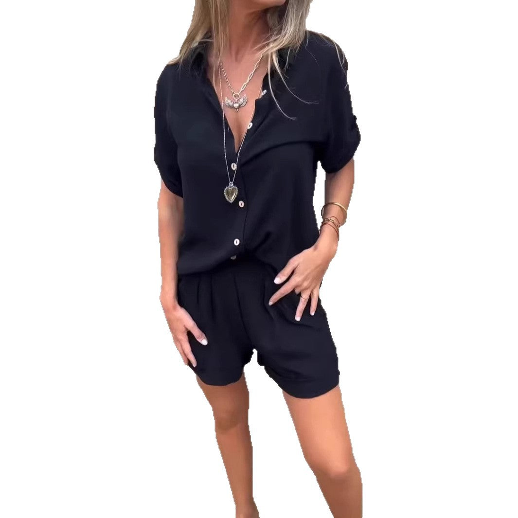 Damen Kurzoverall mit elegantem Hemdkragen und Taillengürtel Shopnory