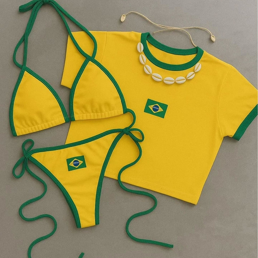 Damen Bikini-Set mit sportlichem Crop-Top und trendigem Brasilien-Flaggen-Design Shopnory