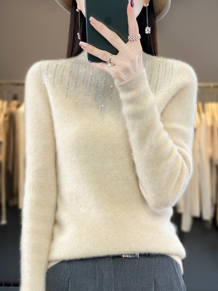 Damen Kaschmir‑Optik Mockneck-Pullover mit funkelnder Strasskaskade Shop Nory