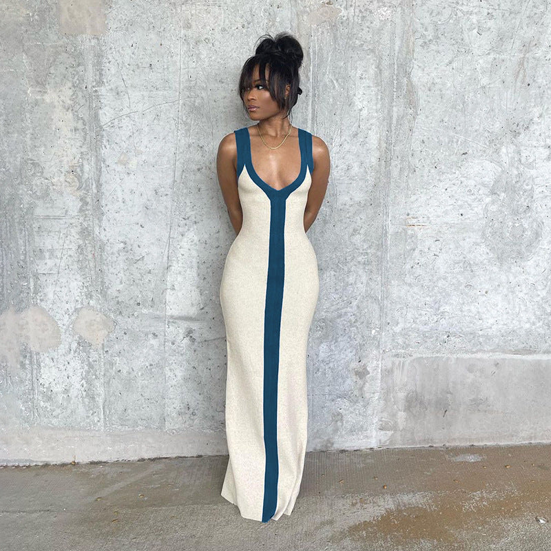 Damen elegantes Maxikleid mit tiefem V-Ausschnitt und kontrastierendem Streifen