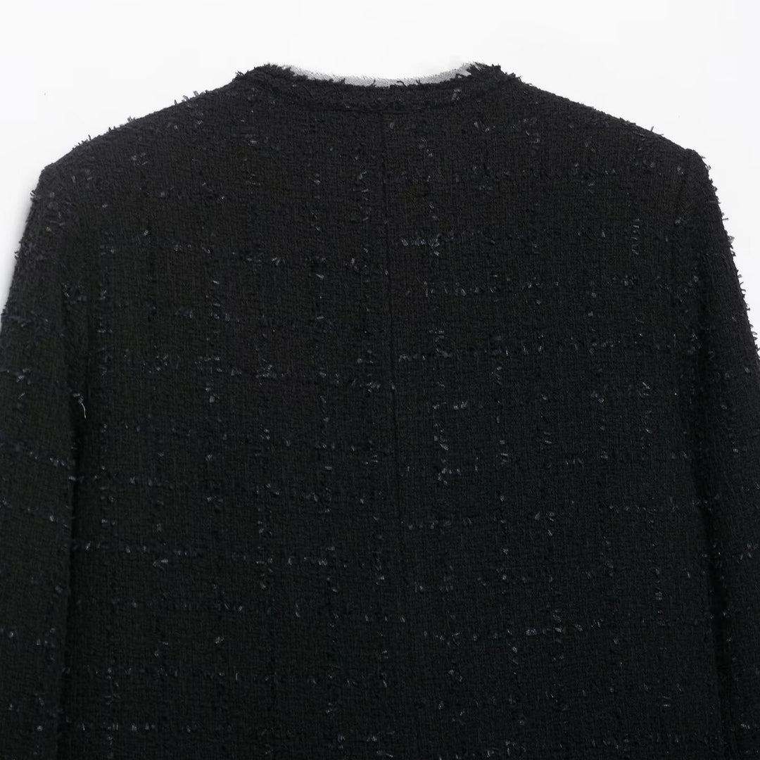 Damen Kurze Bouclé-Tweedjacke ohne Kragen mit goldfarbenen Zierknöpfen Shop Nory