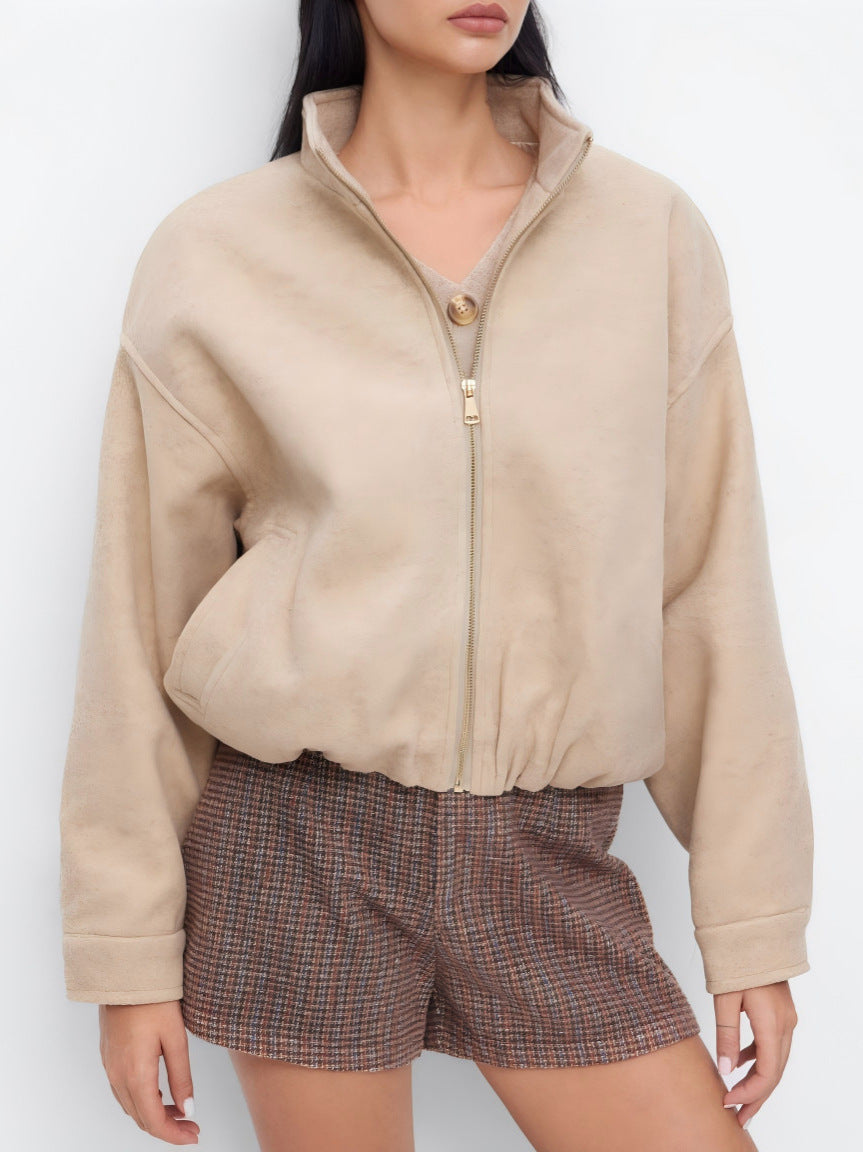 Damen Kurz geschnittene Wildleder‑Optik Bomberjacke mit Stehkragen und elastischem Saum Shop Nory