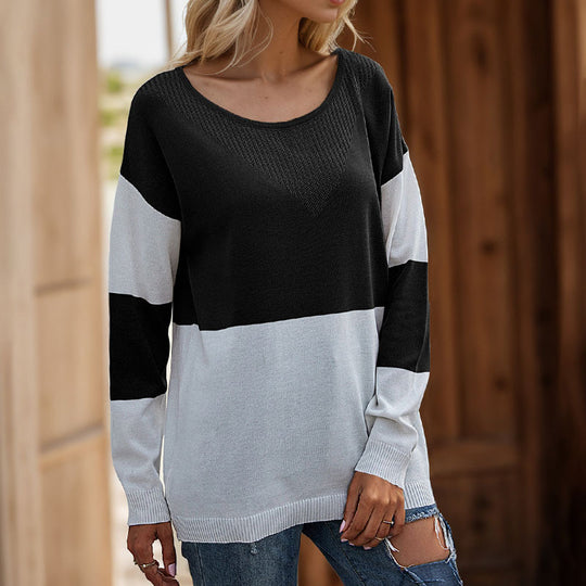 Damen Oversize Strickpullover mit Rundhals, Ajour-Dreieck und Blockstreifen Shop Nory