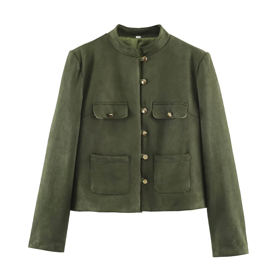 Damen Kurzjacke im Mandarin-Stil aus Veloursoptik mit aufgesetzten Taschen und Zierknöpfen Shop Nory