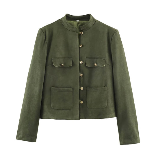Damen Kurzjacke im Mandarin-Stil aus Veloursoptik mit aufgesetzten Taschen und Zierknöpfen Shop Nory