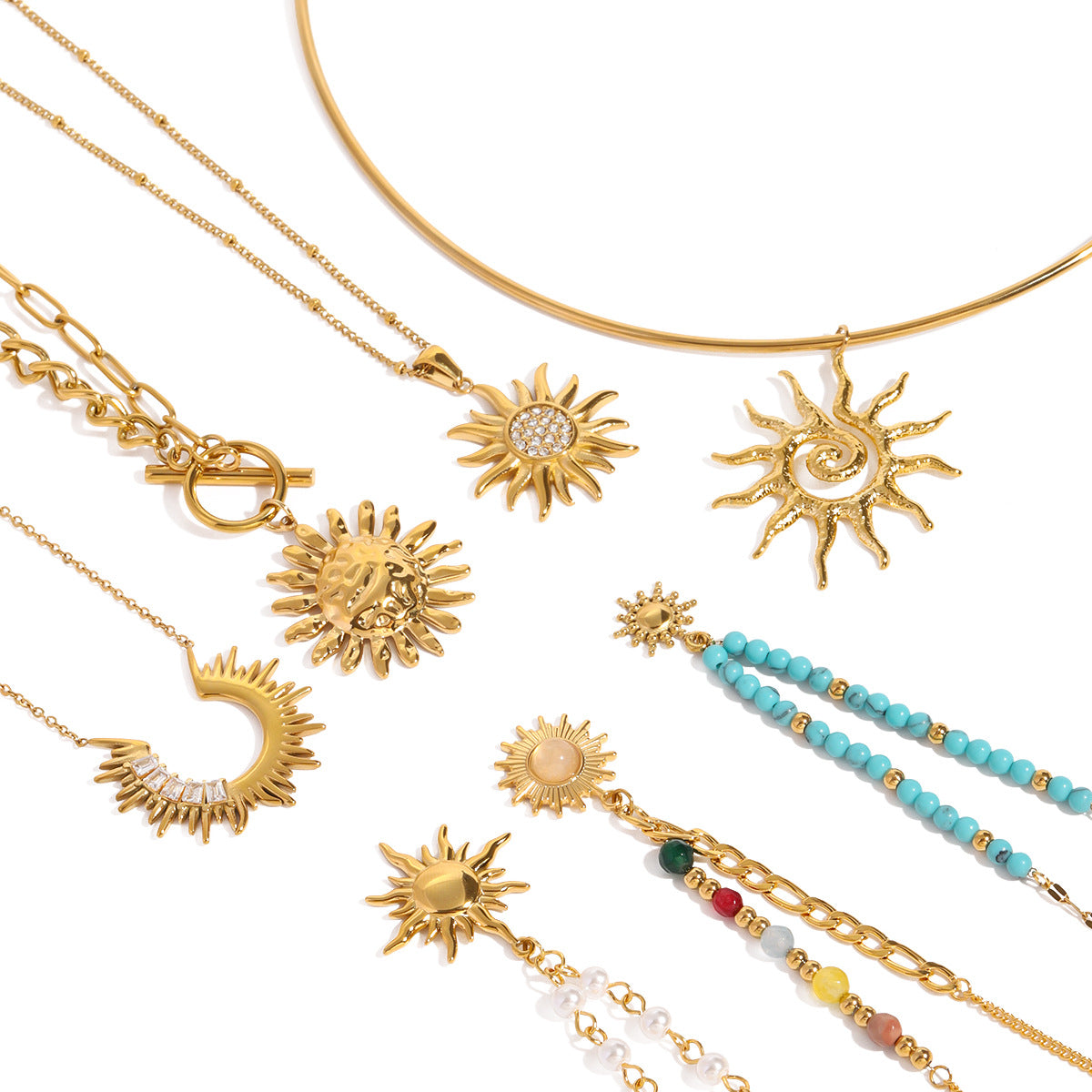 Damen  Halskette mit bunten Perlen und strahlendem Sonnenanhänger Shop Nory