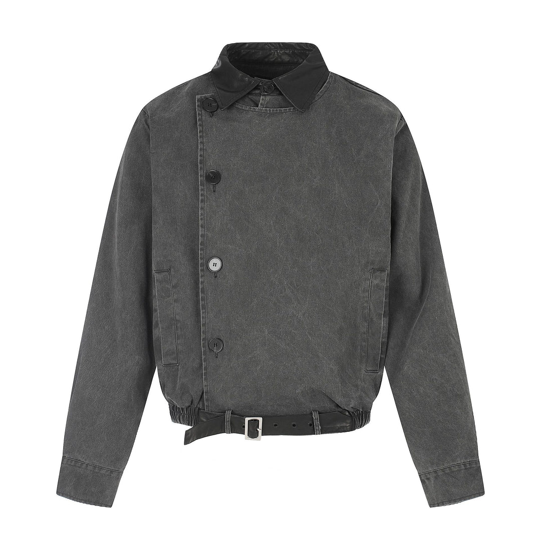 Herren Kurz geschnittener Boxy-Blouson mit asymmetrischer Knopfleiste, Taillengürtel und Kontrastkragen Shop Nory