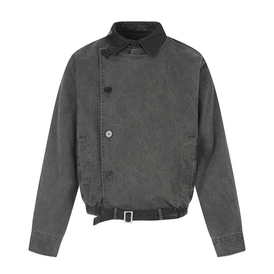 Herren Kurz geschnittener Boxy-Blouson mit asymmetrischer Knopfleiste, Taillengürtel und Kontrastkragen Shop Nory
