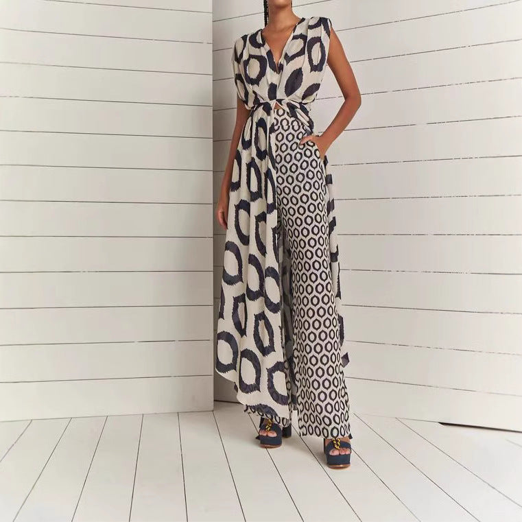 Damen Eleganter Jumpsuit mit Wickelgürtel und geometrischem Muster
