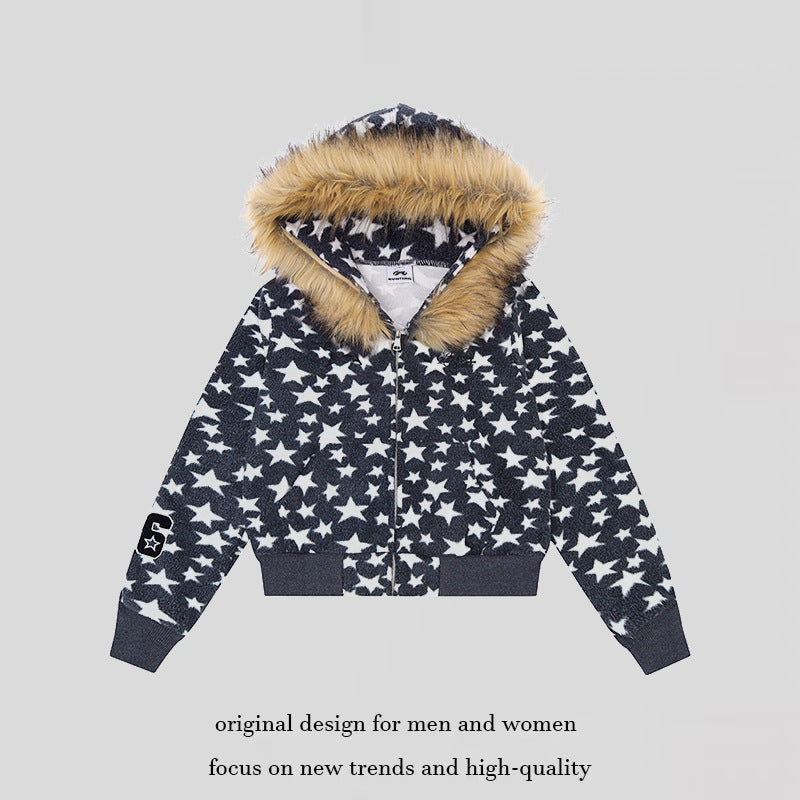 Damen Kapuzen-Sherpajacke mit Sternenprint, Reißverschluss und Kunstpelzbesatz Shop Nory