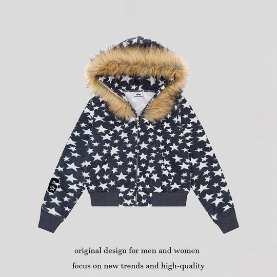 Damen Kapuzen-Sherpajacke mit Sternenprint, Reißverschluss und Kunstpelzbesatz Shop Nory