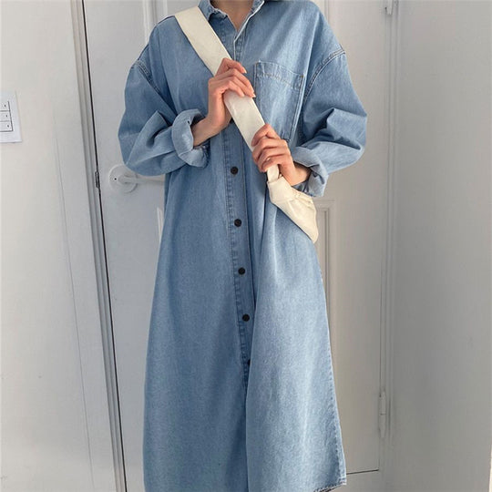 Damen Oversize-Denim-Maxikleid im Hemdstil mit Brusttasche und durchgehender Knopfleiste Shop Nory