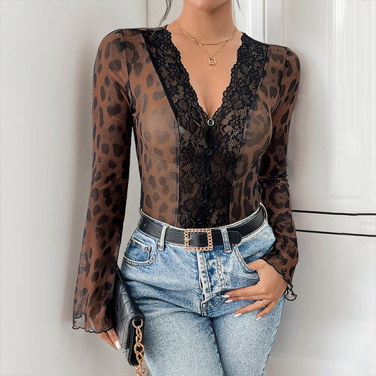 Damen Transparenter Mesh-Body mit Spitzen-V-Ausschnitt, Leopardenprint und Trompetenärmeln Shop Nory