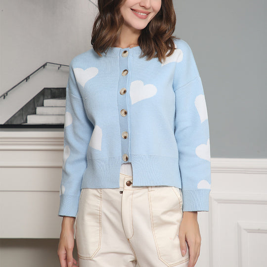 Damen Geknöpfter Oversize-Strickcardigan mit Herz-Jacquard und Perlmuttknöpfen Shop Nory