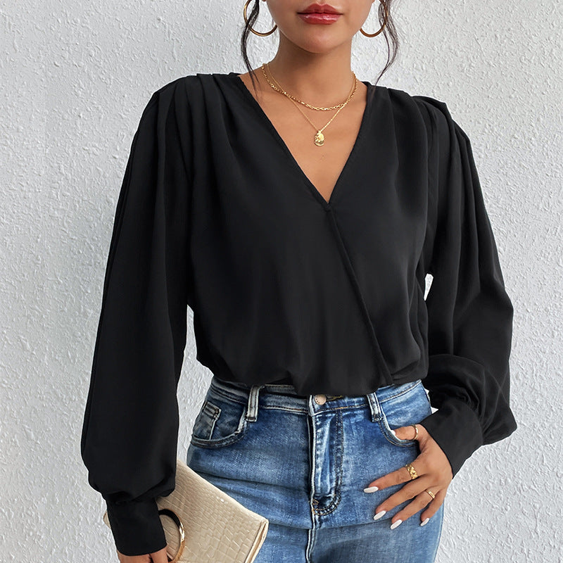 Damen Leichte Wickelbluse mit V-Ausschnitt, gerafften Schultern & Ballonärmeln Shop Nory
