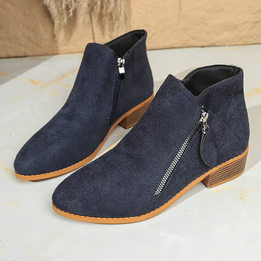 Damen Moderne Kurzschaft-Stiefelette mit sichtbarem Metallreißverschluss und niedriger Holzoptik-Blocksohle Shop Nory