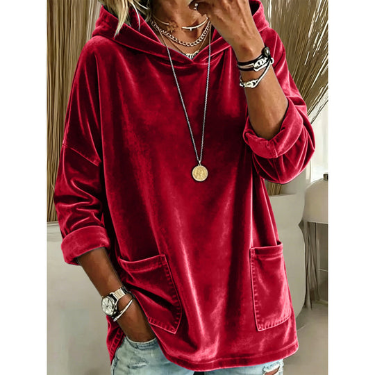 Damen Samt-Hoodie mit Kapuze, Oversize-Schnitt und aufgesetzten Taschen Shop Nory