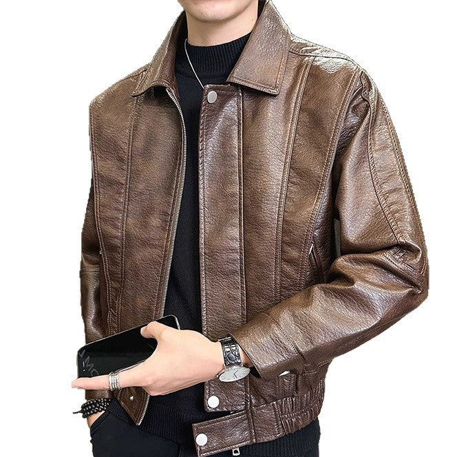 Herren Kurzer Oversized Lederimitat-Blouson mit Stehkragen, Reißverschluss und elastischem Saum Shop Nory