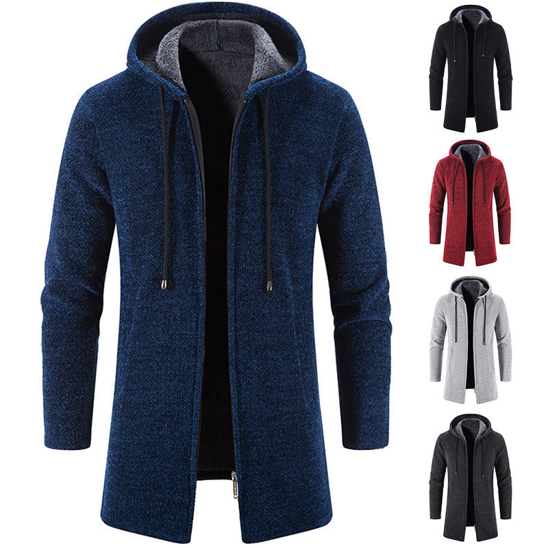 Herren langer Kapuzenstrickmantel mit Teddyfutter, durchgehendem Reißverschluss und seitlichen Eingrifftaschen Shop Nory