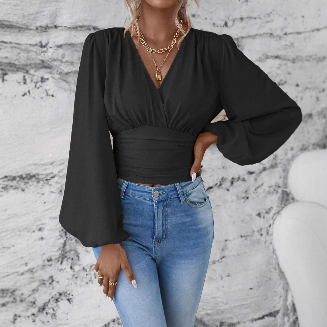 Damen Wickel-Cropped-Top mit geraffter Taillenpartie und weiten Ballonärmeln Shop Nory