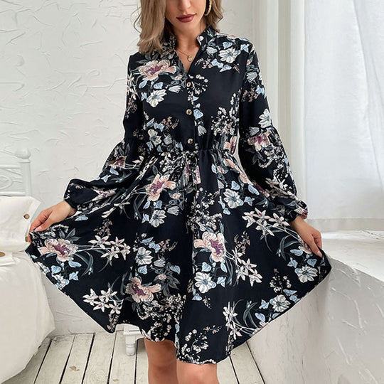Damen Viskose-Hemdblusenkleid mit Taillen-Kordel, Stehkragen und Volantrock Shop Nory