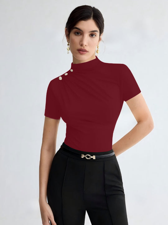 Damen elegantes Oberteil mit dekorativen Knopfdetails und modernem Stehkragen