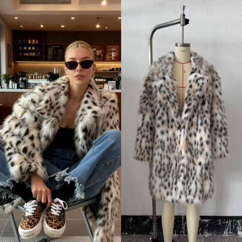 Damen Midimantel aus Kunstfell mit Leoparden‑Print, oversized Schnitt und Schalkragen Shop Nory