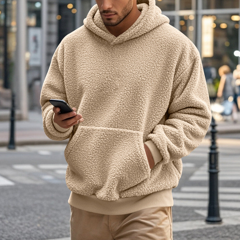 Herren Hoodie aus kuscheligem Teddy-Fleece mit Kängurutasche und breiten Bündchen