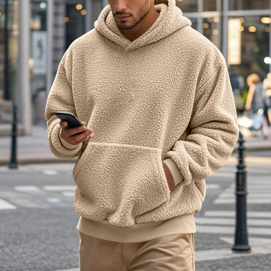 Herren Sherpa-Kapuzenpullover im Teddy-Fleece mit Kängurutasche und Rippbündchen Shop Nory