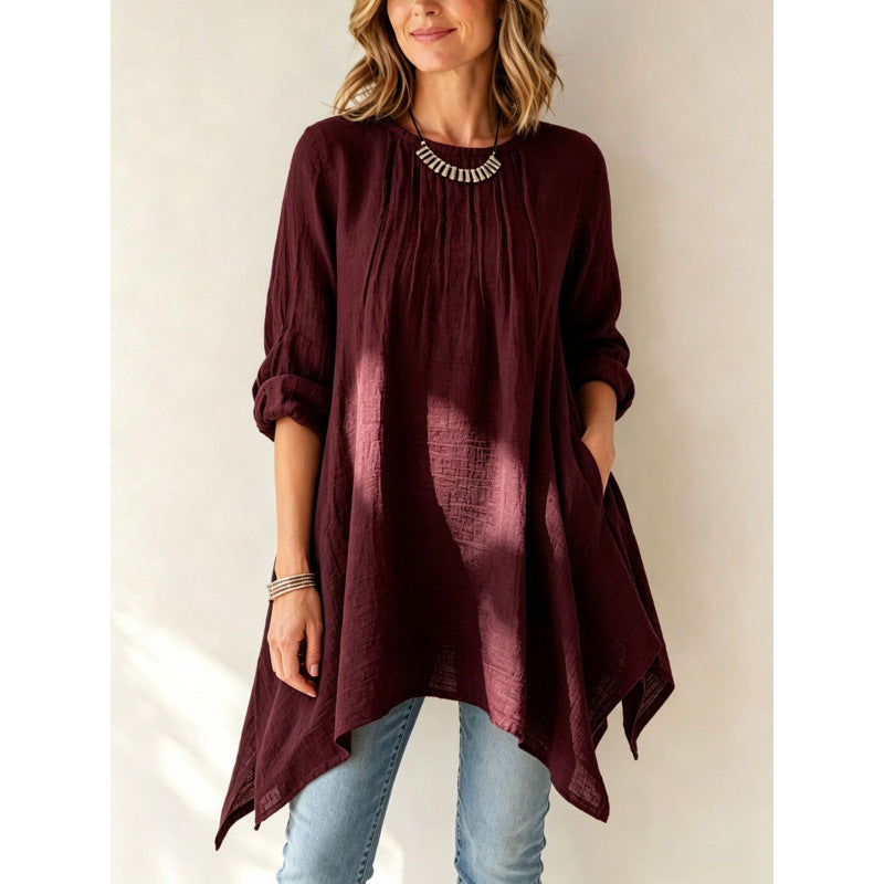 Damen Lässige Long-Tunika mit Handtuchsaum, Kräusel-Biesen und Eingrifftaschen Shop Nory