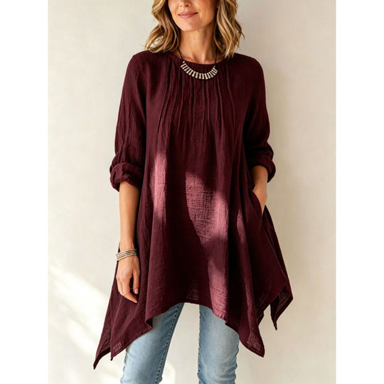 Damen Lässige Long-Tunika mit Handtuchsaum, Kräusel-Biesen und Eingrifftaschen Shop Nory