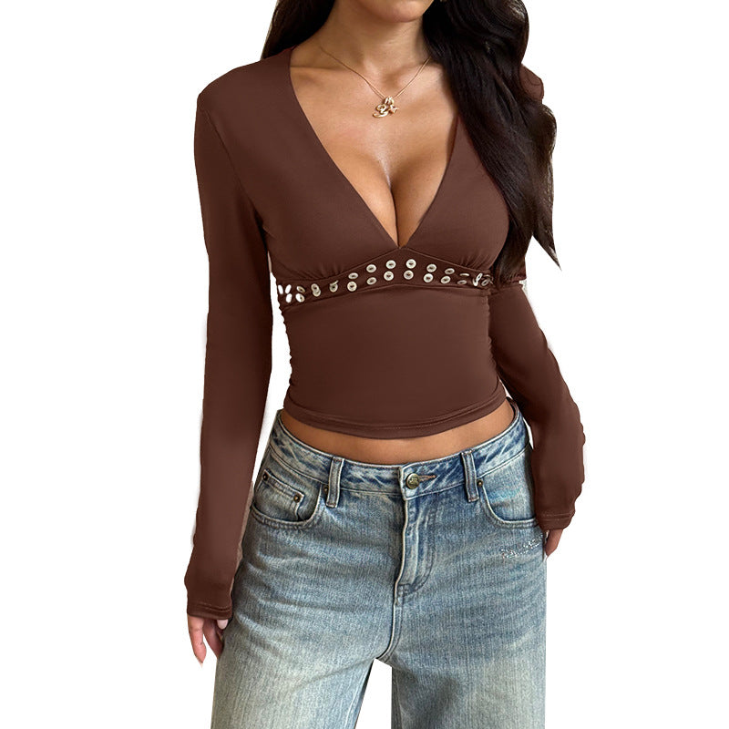 Damen tailliertes Langarm-Cropped-Top mit tiefem V-Ausschnitt und Nietenbesatz Shop Nory